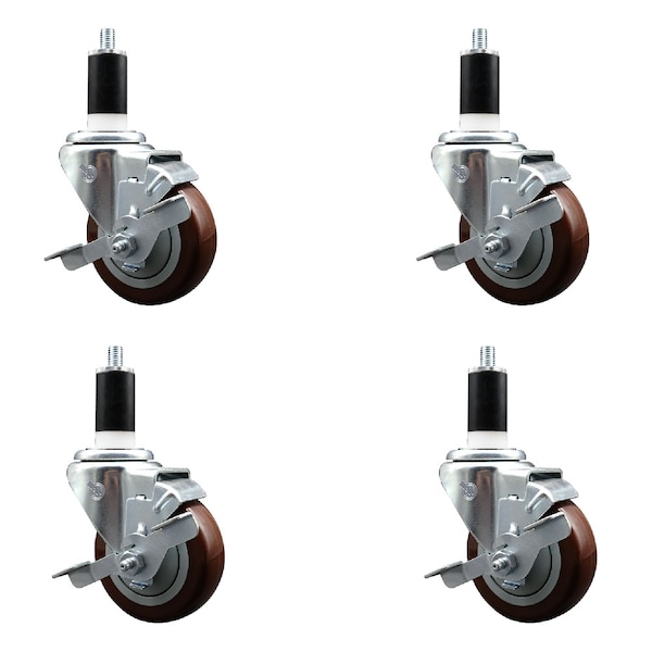 Service Caster 3.5'' SS Maroon Poly Swivel 1-3/8'' Expanding Stem Caster Set with Brake, 4PK SCC-SSEX20S3514-PPUB-MRN-TLB-138-4 - main